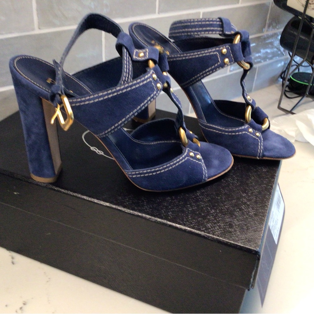 Prada Calzature Donna Blue Suede Sandals with Gold Hardware Size 37.5 Like New